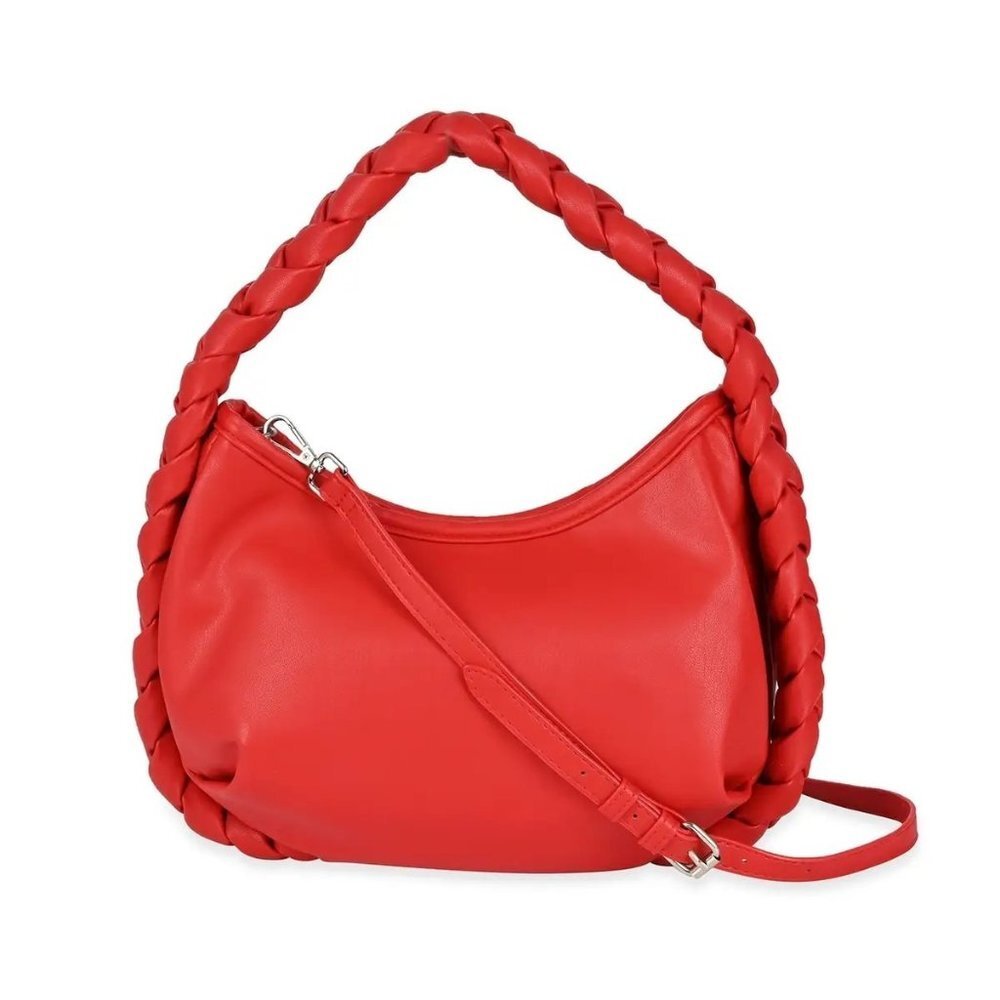 New Braided Handle Vegan Leather Hobo Bag in‎ Red